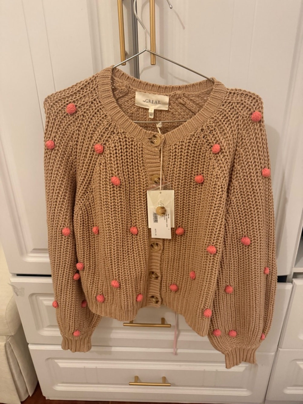 The Great. Women's Camel Pom-Pom Knit Cardigan Sweater
